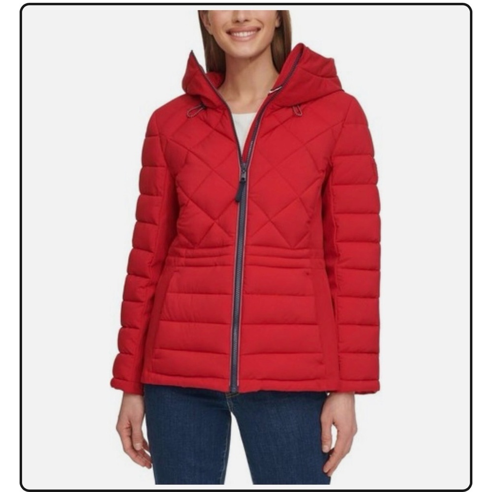 Tommy Hilfiger Women's Hooded Stretch Shell Quilted Jacket - XL, Red